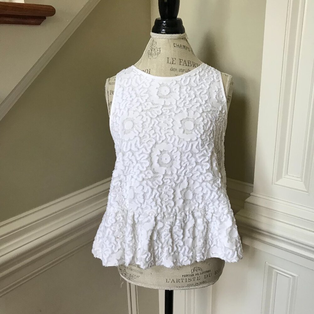 ODEEH Peplum Textured Top Shirt Womens 36 Small White Sleeveless Crew Neck MINT